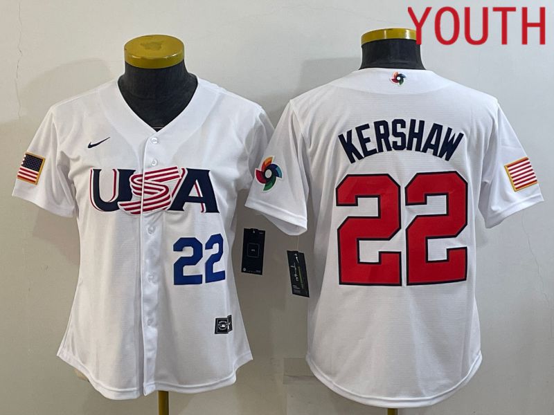 Youth 2023 World Cub USA #22 Kershaw White MLB Jersey5->youth mlb jersey->Youth Jersey